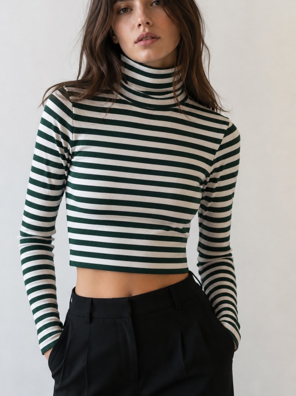 Zara Green and White Striped Turtleneck Crop Top M